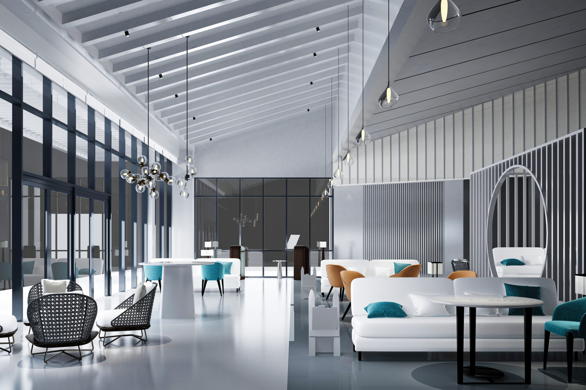 3d render of luxury hotel reception and lobby