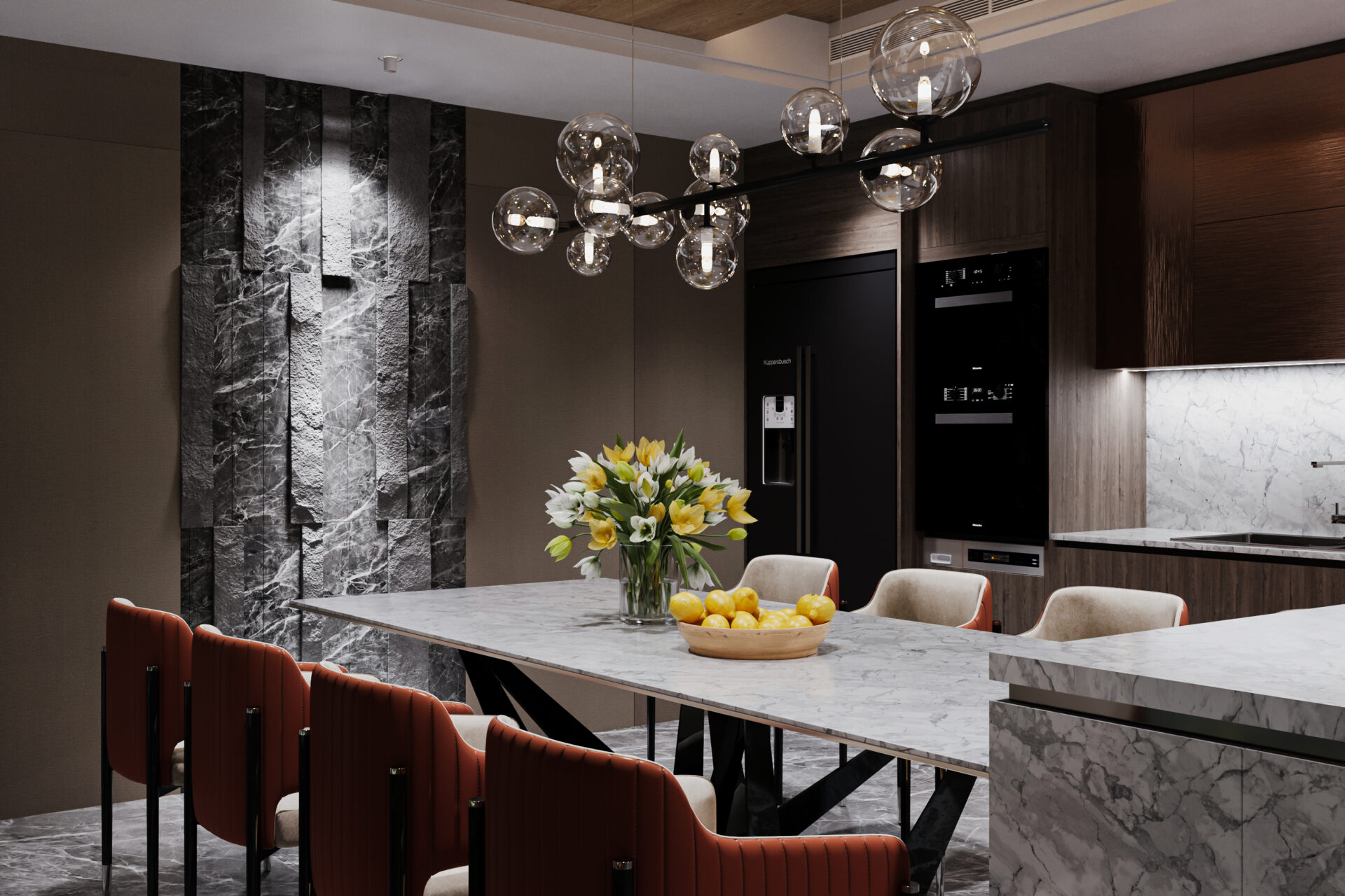 Rendering of a Modern and Exquisite dining room, White and yellow tulip into a pot on the table.